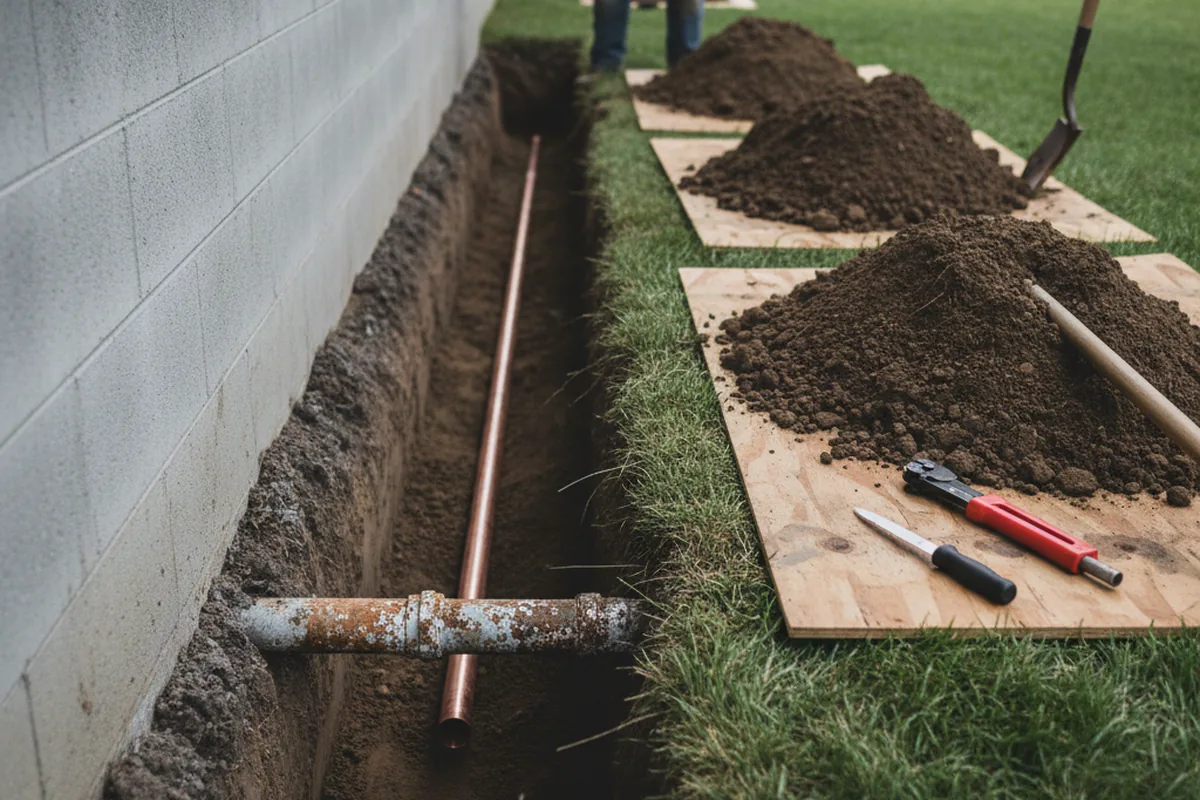 Excavated water line trench during Sewer Line Repair in Pequot Lakes